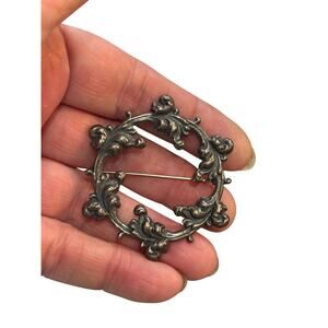 Antique Victorian Scroll Wreath Brooch Silver Tone Openwork C Clasp